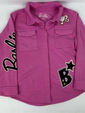 Barbie Hot Pink Button-Front Shirt with Graphic Accents Sz L 2024
